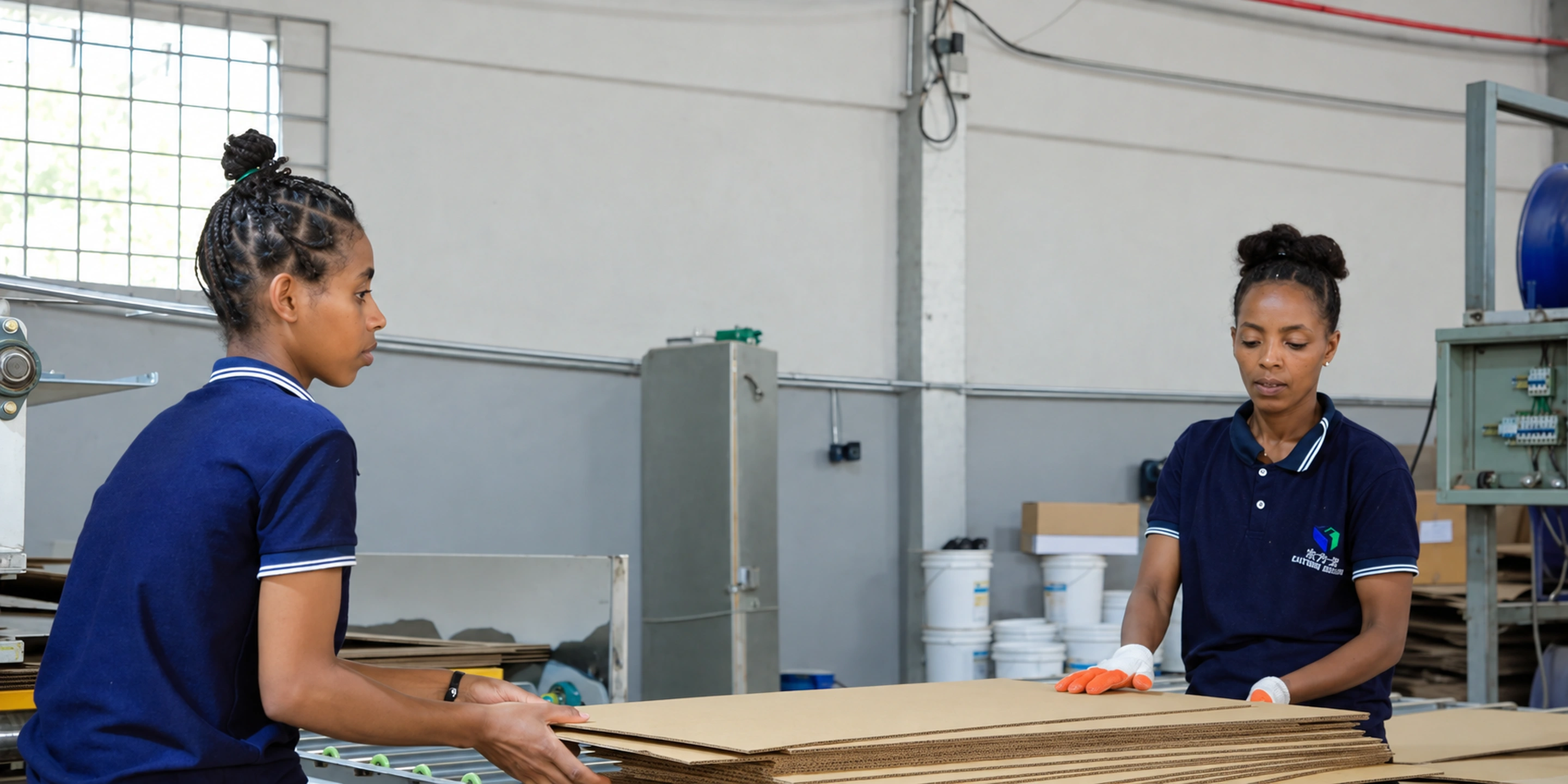 Two Eastern Dragon team members move corrugated sheets from a production line.